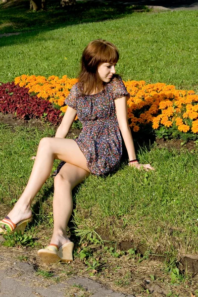 Menina bonita sentada no prado com flores — Fotografia de Stock