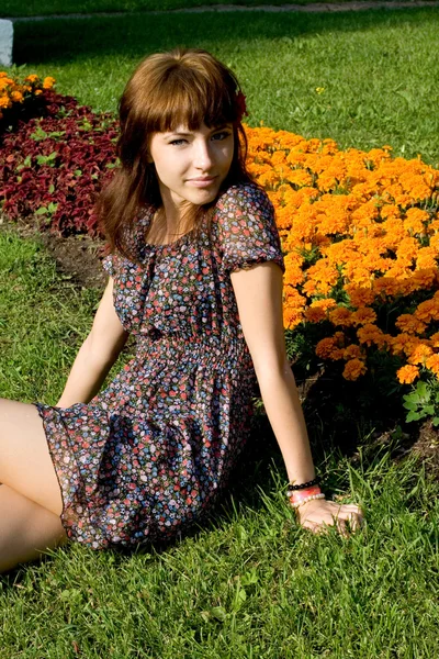 Krásná dívka sedící na louce s květinami — Stock fotografie