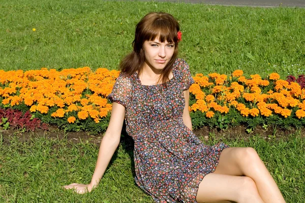 Vacker flicka sitter på äng med blommor — Stockfoto
