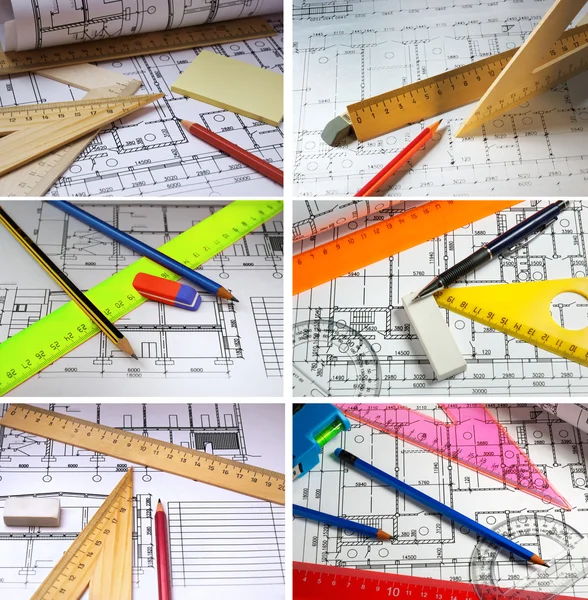 Dibujo de ingeniería de lápices y planos —  Fotos de Stock