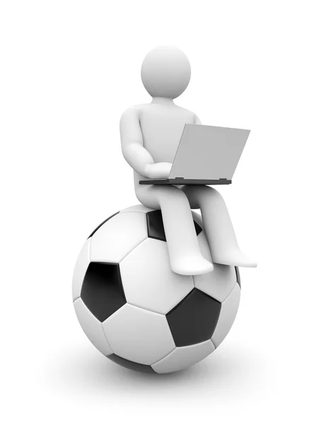 Ποδόσφαιρο δημοσιογράφος ή ανεμιστήρας λειτουργεί σε φορητό υπολογιστή — Φωτογραφία Αρχείου
