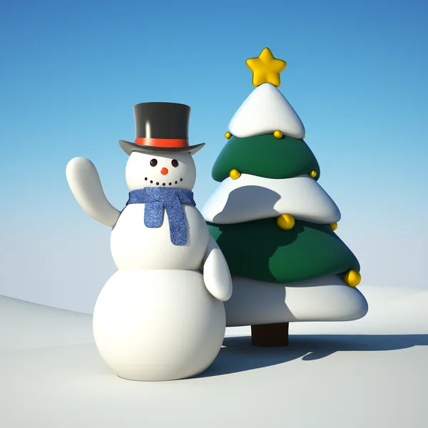 Boneco de neve e árvore de chistmas — Fotografia de Stock