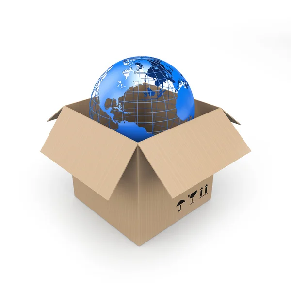 Kartonnen doos met globe — Stockfoto