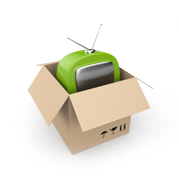 Cardboard box with TV — Stock Photo, Image