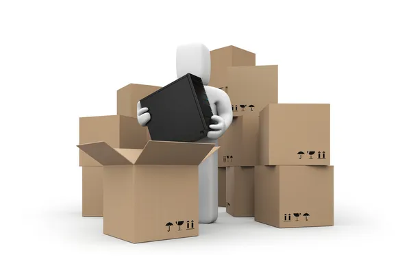 Karton dobozok, személy, számítógép tartanak — Stock Fotó