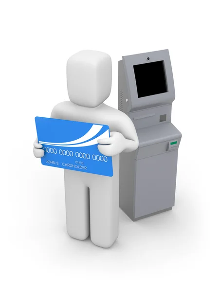 Máquina de ATM e pessoa com cartão bancário — Fotografia de Stock