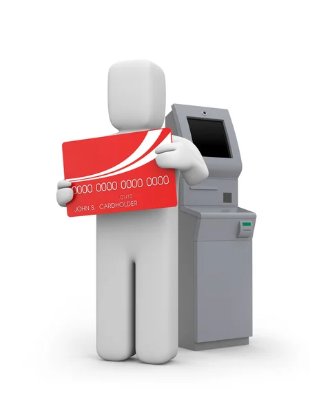 Cajero automático y persona con tarjeta bancaria — Foto de Stock