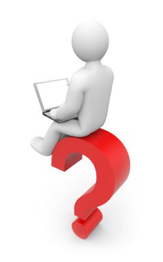 Person works on laptop, sitting on a question clipart