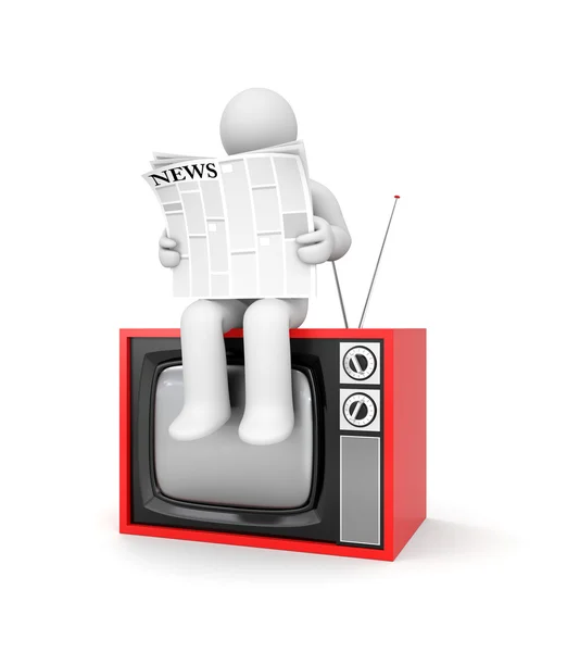 Man readng a newspaper sitting on TV — Stock Photo, Image