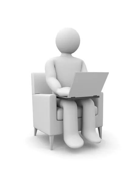 A pessoa trabalha no computador portátil sentado em uma cadeira — Fotografia de Stock