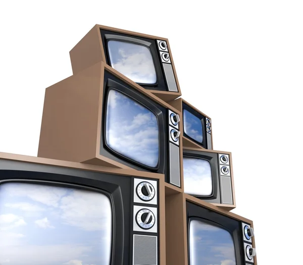 Haufen Retro-Fernseher mit reflektiertem Himmel — Stockfoto