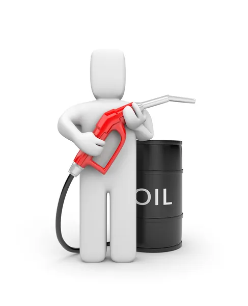 Person mit Benzinpumpe und Ölfass — Stockfoto