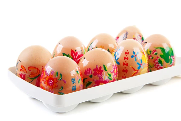 Chicken eggs decorated by children for easter — Stock Photo, Image