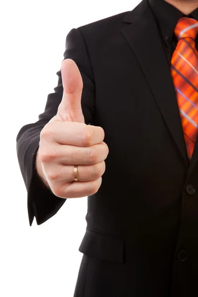 Businessman is pleased, thumbs up in closeup — Stock Photo, Image