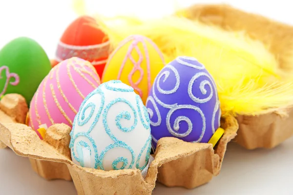 Six colorful easter eggs in box — Stock Photo, Image