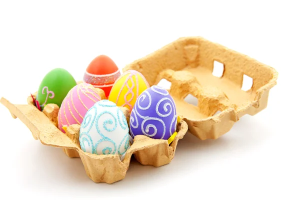 Six colorful easter eggs in box — Stock Photo, Image