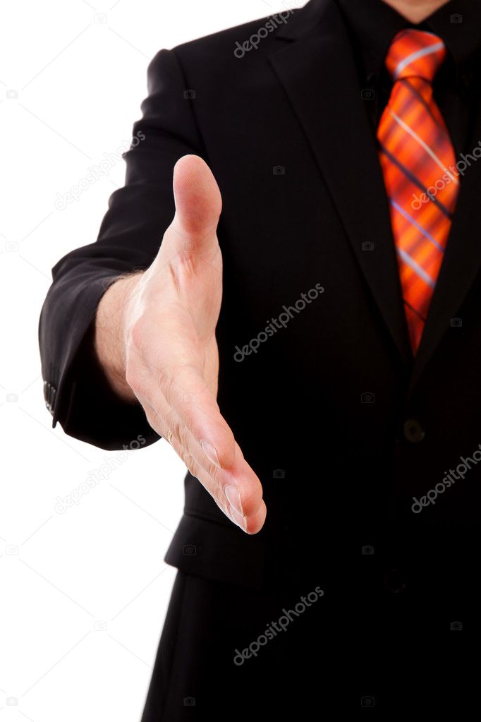Businessman is shaking your hand in closeup