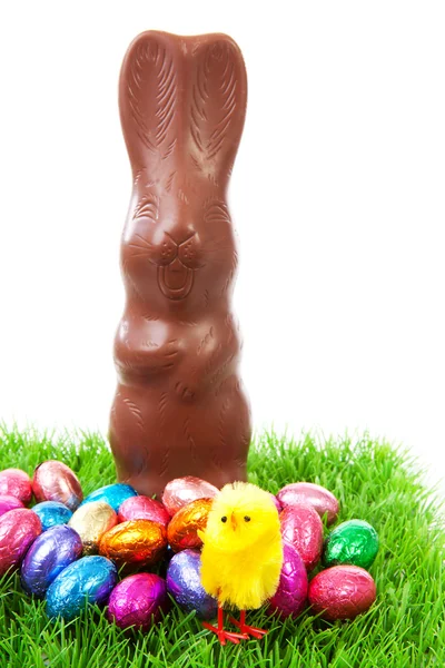 Çikolata Paskalya tavşanı ve çimlerin üzerine yumurta süt — Stok fotoğraf