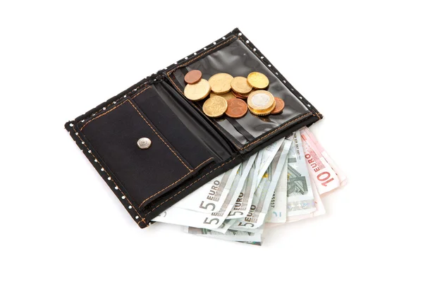 Черный бумажник с деньгами евро — стоковое фото