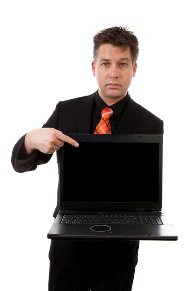 비즈니스 남자 빈 노트북을 보여주는 — 스톡 사진
