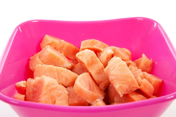 Bowl with cubes raw salmon — Stock Photo, Image