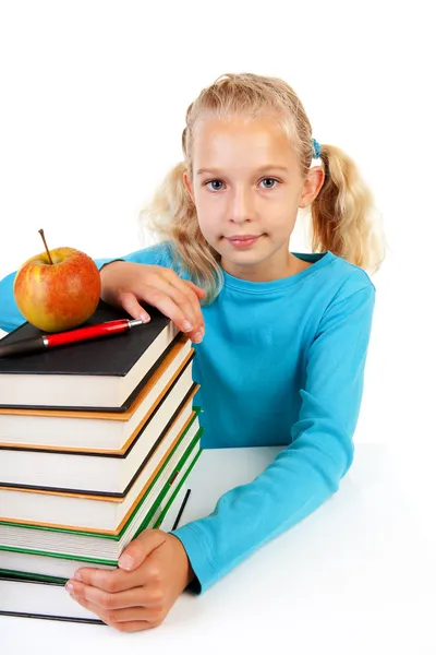 Back to school: girl with pile of books — Stock Photo, Image