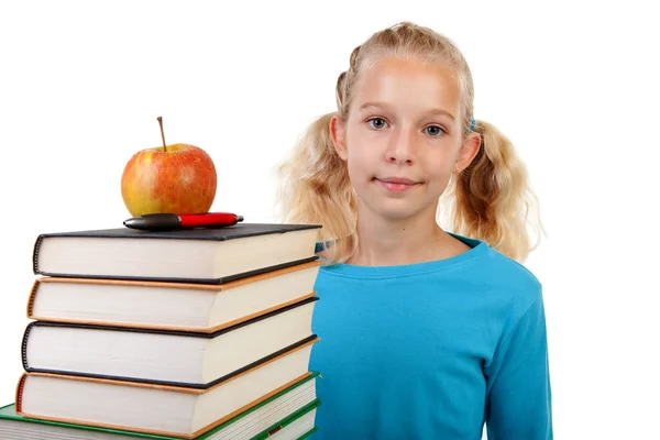 Vissza az iskolába: lány a halom könyvet — Stock Fotó