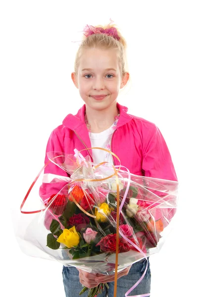 Girl is giving bouquet of roses — Stock Photo, Image