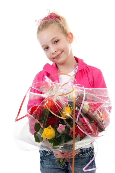 Lány van giving bouquet, Rózsa — Stock Fotó
