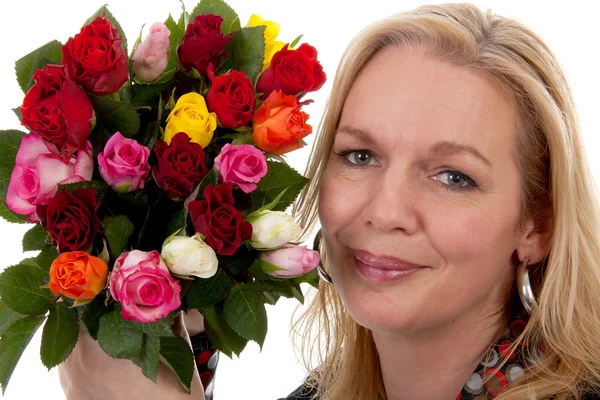 stock image Portrait of woman with bouquet of roses