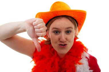 Dutch soccer fan in orange outfit with thumbs down clipart