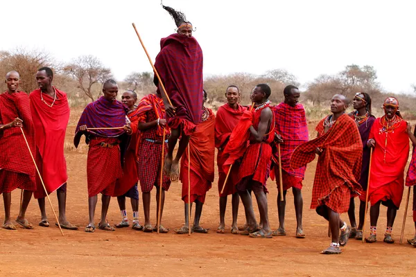 Afrika, Keňa, masai mara - 2. července: masajští bojovníci tanec tradi — Stock fotografie