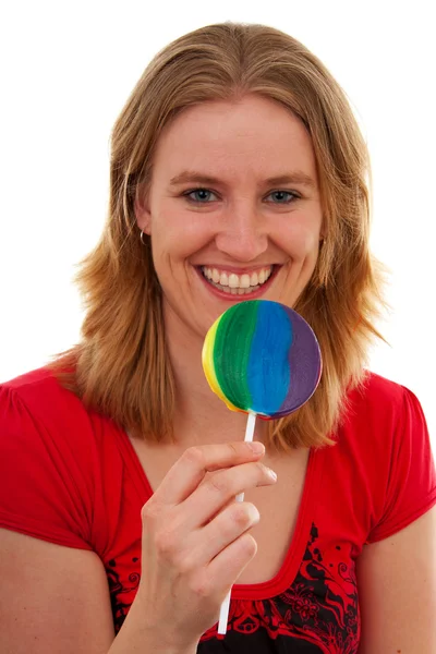 Jeune femme avec lolly coloré — Photo