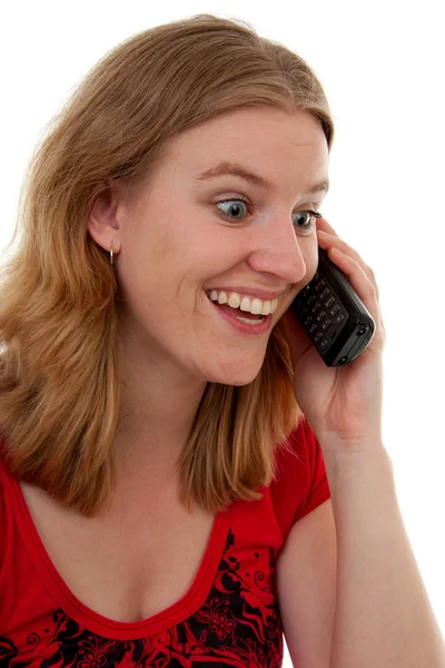 Frau am Telefon ist sehr glücklich — Stockfoto