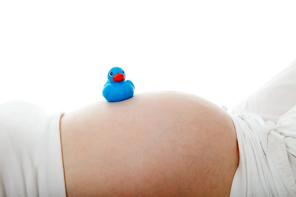 Беременный живот с голубой резиновой уткой — стоковое фото