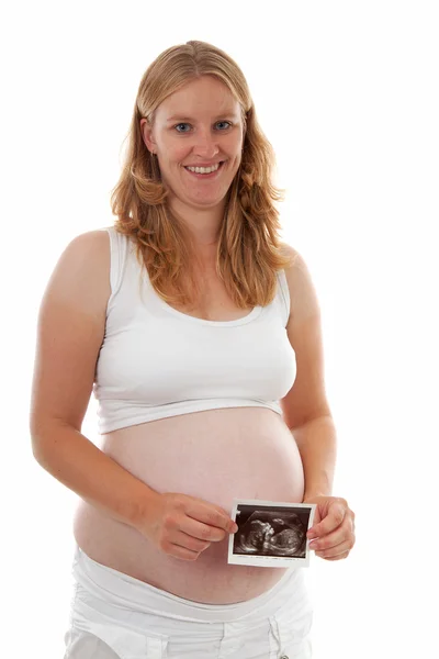 Madre embarazada sosteniendo eco — Foto de Stock