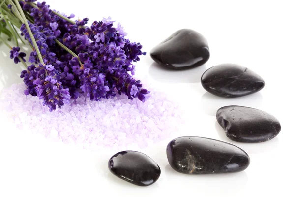 Black pebbles stones and lavender flowers — Stock Photo, Image