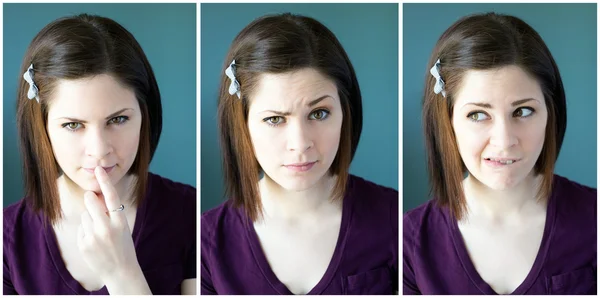 Múltiplas imagens de uma jovem fazendo diferentes rostos — Fotografia de Stock