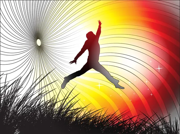 A young man is jumping in field — Stock Vector