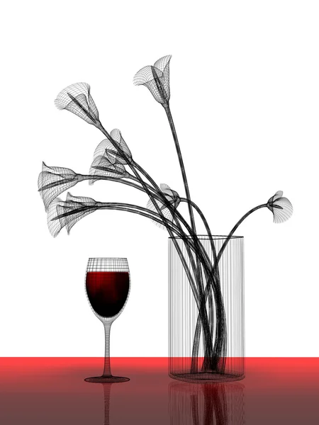 Cambada de flores e copo de vinho — Fotografia de Stock