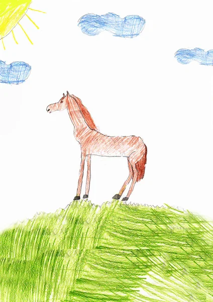 Детский рисунок лошади — стоковое фото
