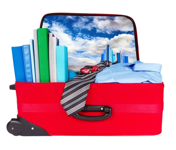 Travel blue business bőröndöt tele utazás — Stock Fotó