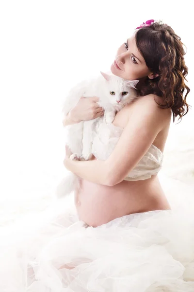Těhotná žena hospodářství bílé chlupaté kočka. — Stock fotografie