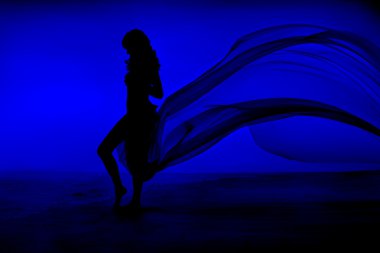 Naked sexy woman silhouette stay at blue sea and sky background clipart