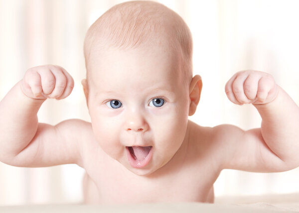 Strong Baby Laughing, Hands raised up. Smiling Child Face