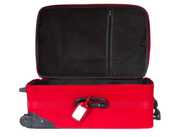 Offener roter Koffer mit leerem Ausweisschild über weißem. — Stockfoto