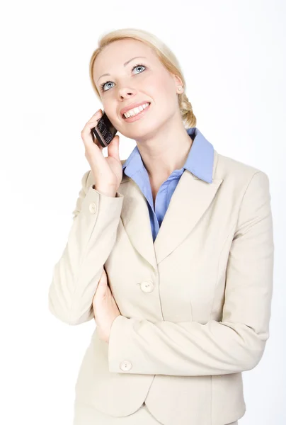 stock image Business woman talking on the phone, looking up. Over white back