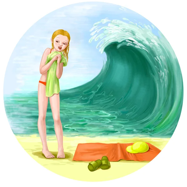 Menina na ilustração praia — Fotografia de Stock