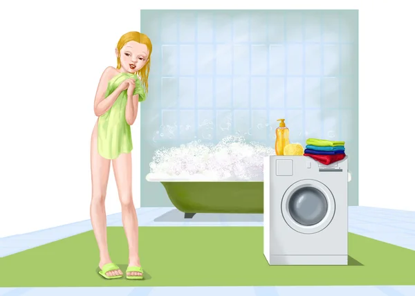 Meisje wassen in badkamer Rechtenvrije Stockfoto's
