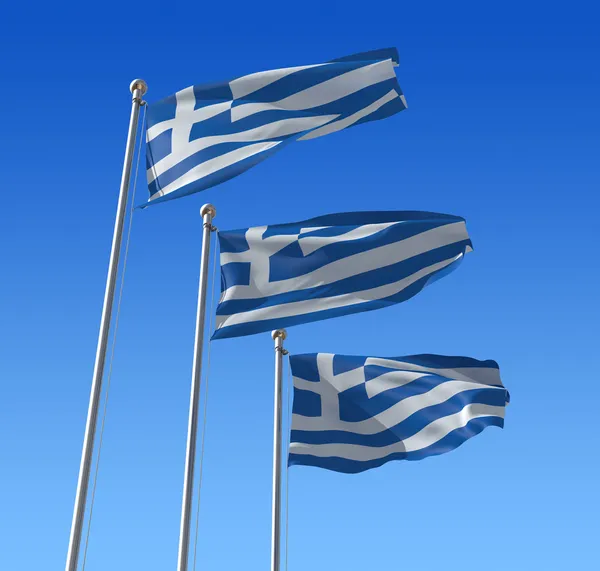 Görögország zászlaja kék ég ellen. 3D-s illusztráció. — Stock Fotó